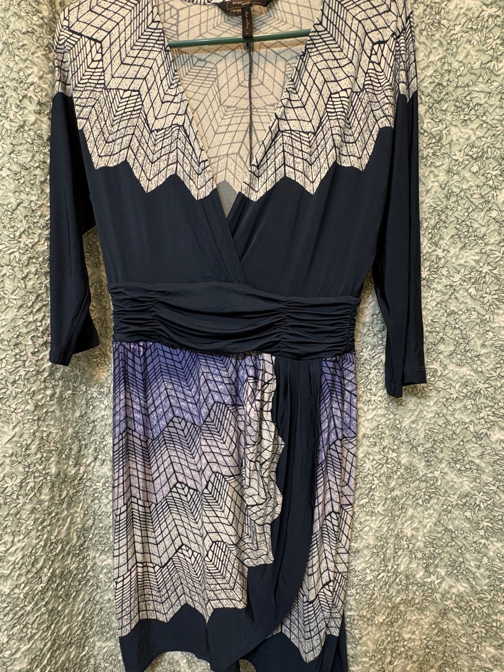 BCBGMaxAzria Navy and Lavender Geometric Wrap Dress